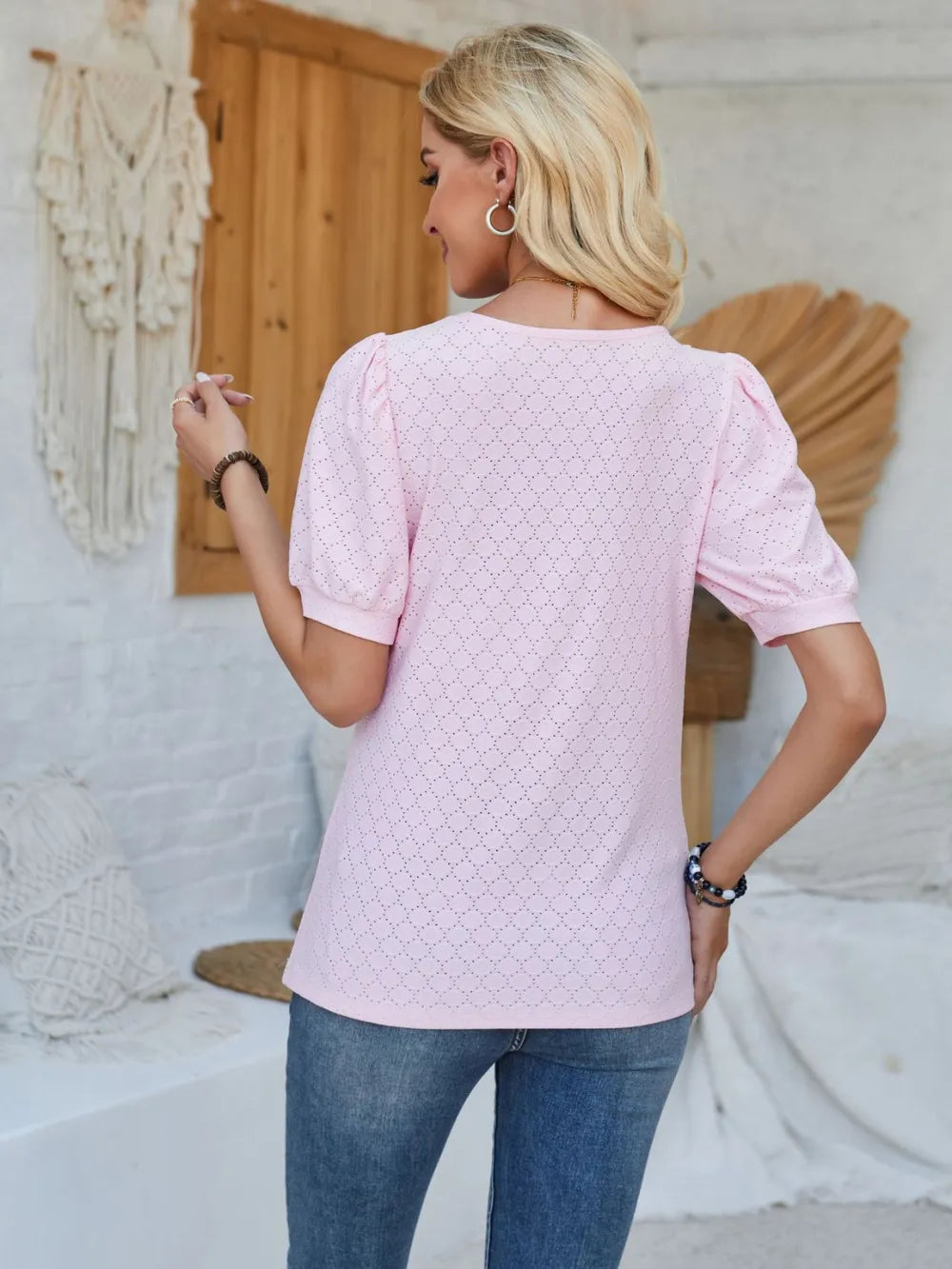 Eyelet Asymmetrical Neck Short Sleeve T-Shirt – Trendsi | ClozArt