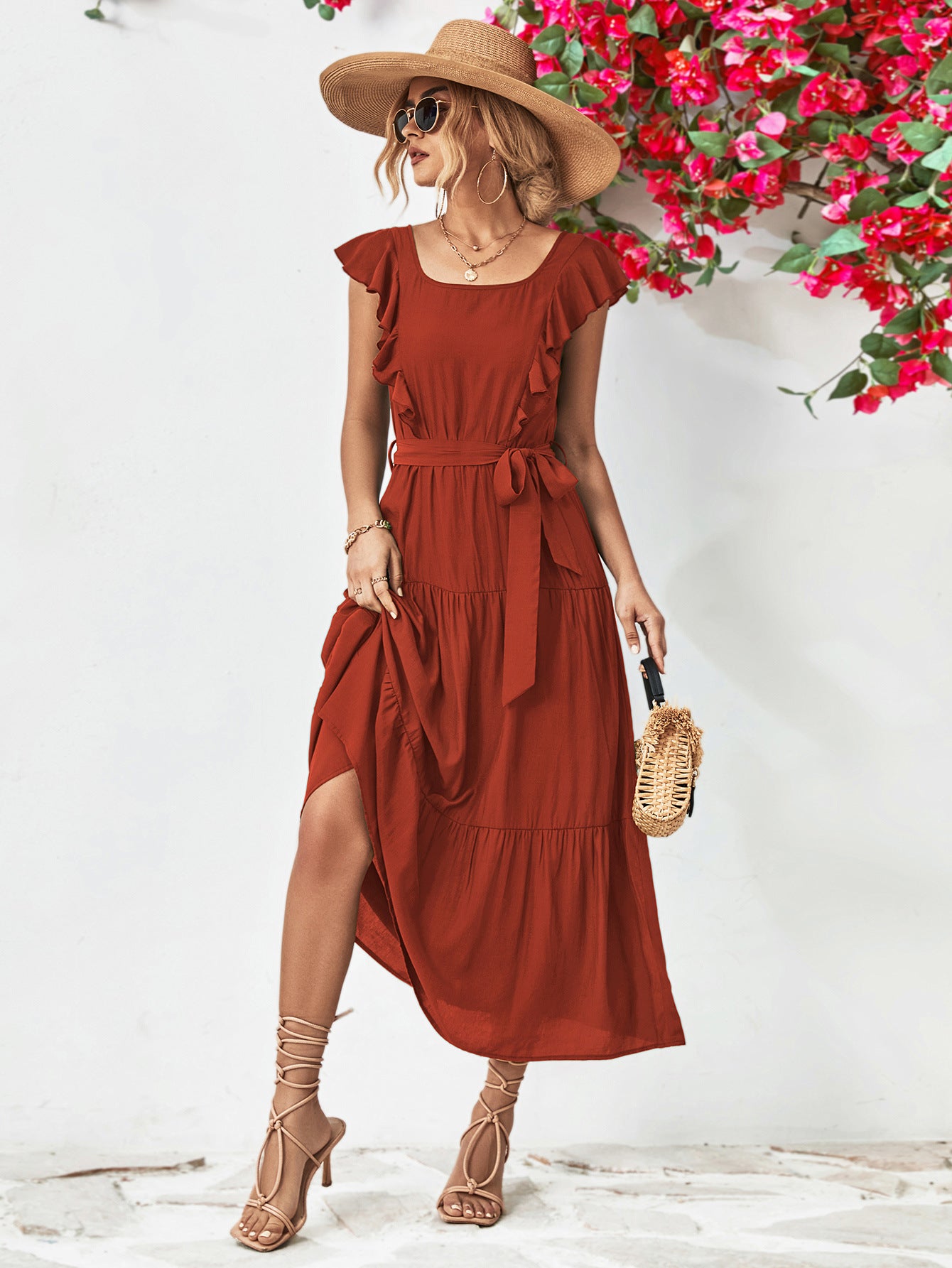 Tie Belt Ruffled Tiered Dress – Trendsi | ClozArt