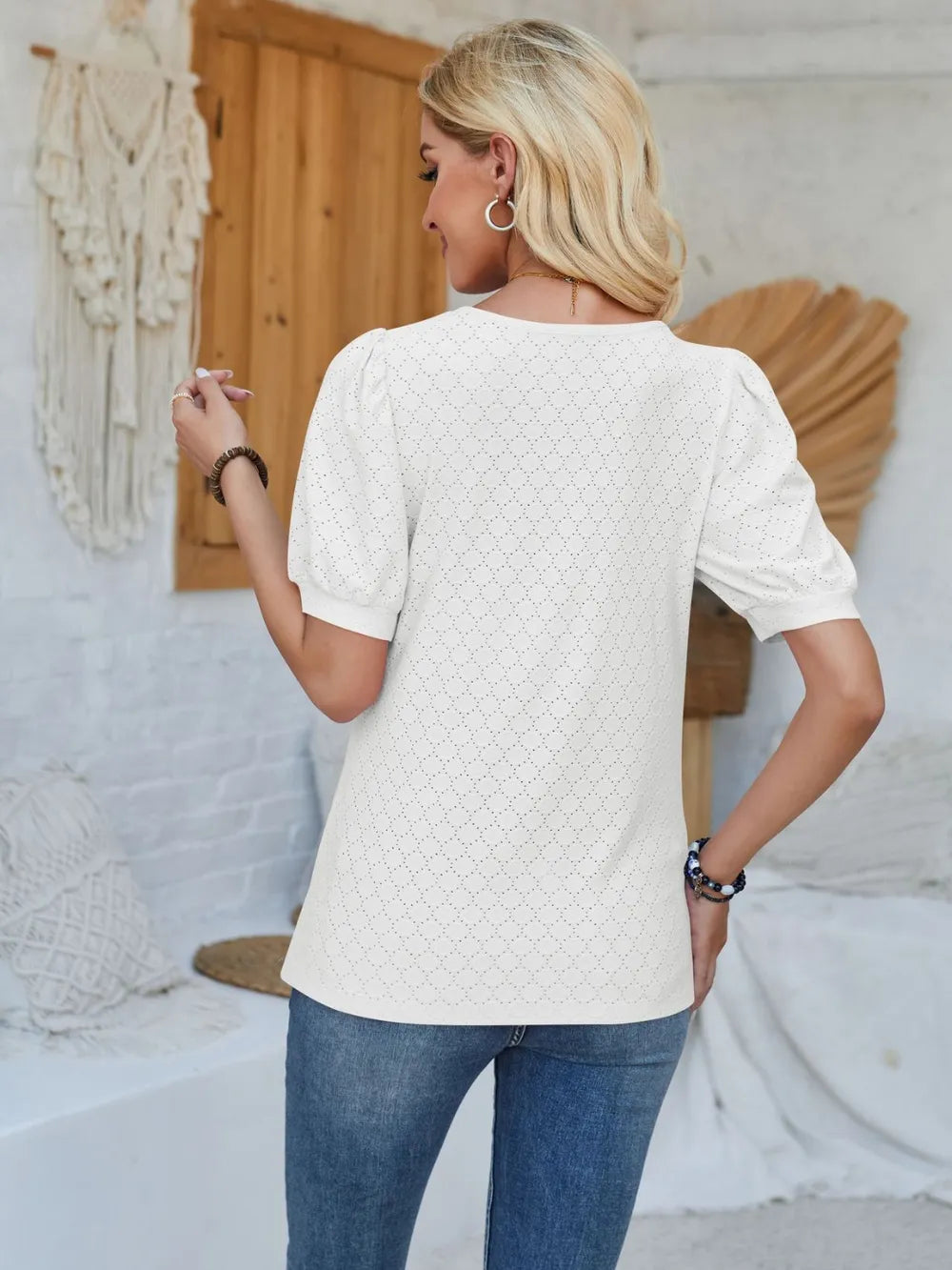 Eyelet Asymmetrical Neck Short Sleeve T-Shirt – Trendsi | ClozArt