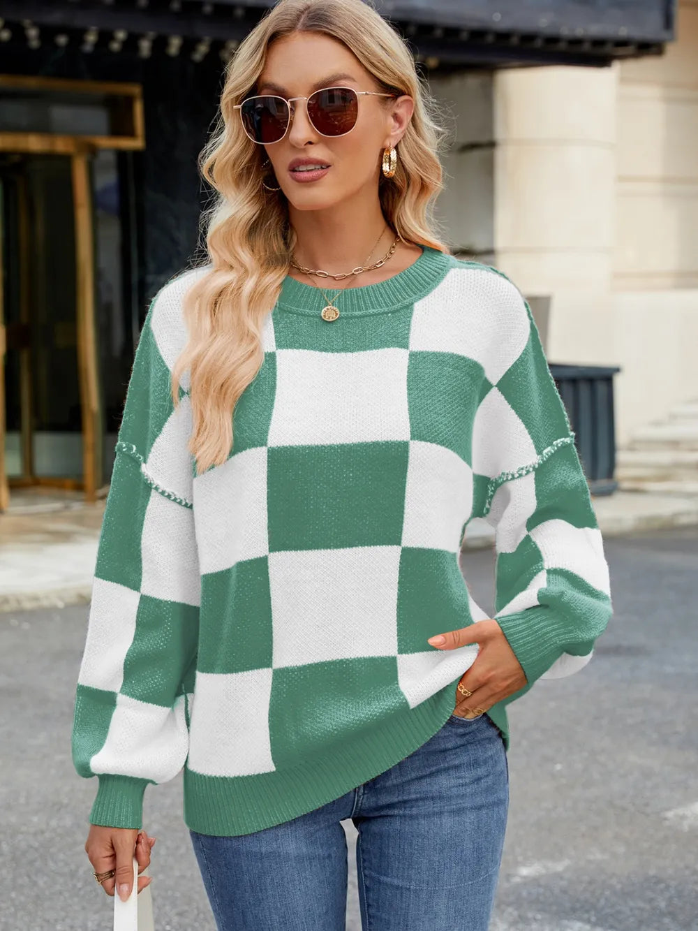 Checkered Round Neck Long Sleeve Sweater – Trendsi | ClozArt