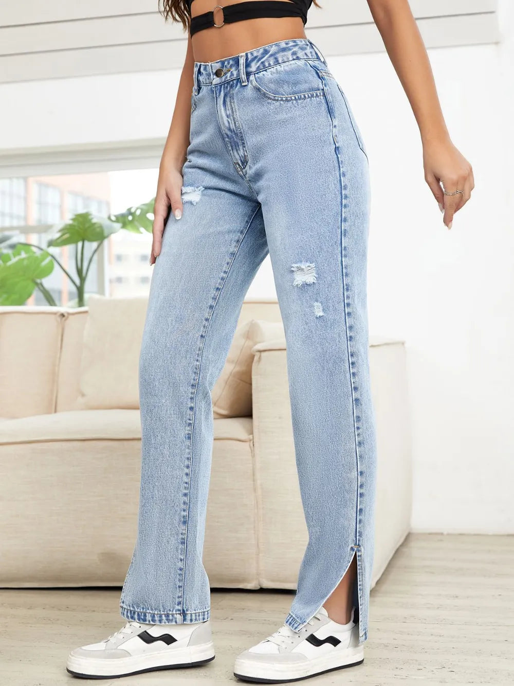 Distressed Slit Straight Leg Jeans – Trendsi | ClozArt