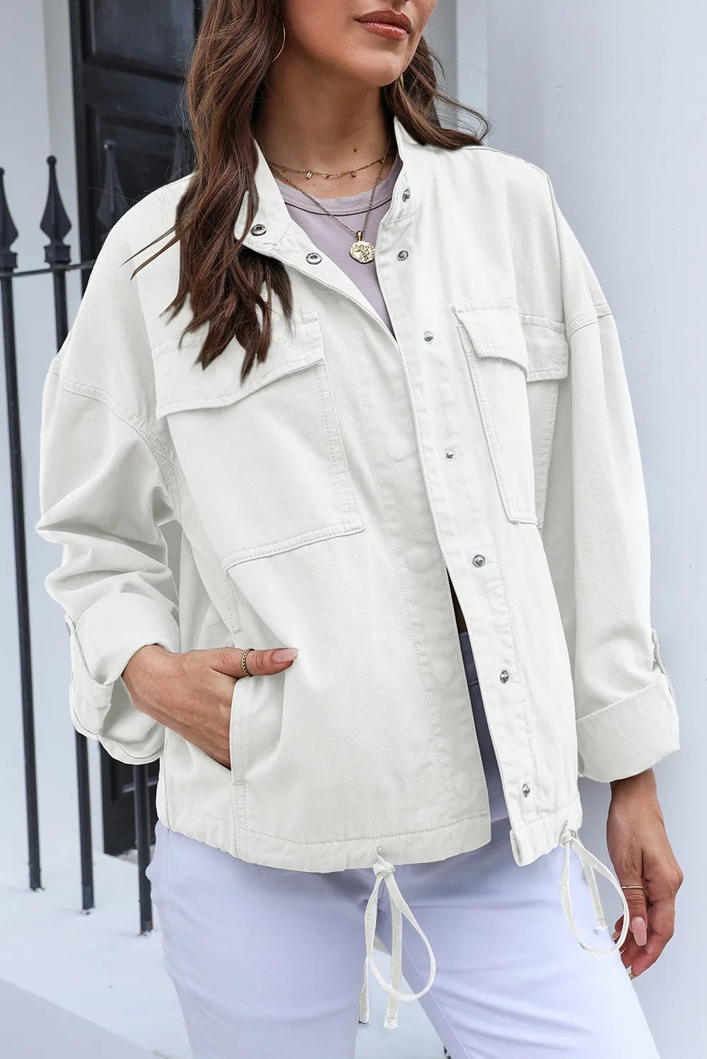 Drawstring Snap Down Dropped Shoulder Denim Jacket – Trendsi | ClozArt