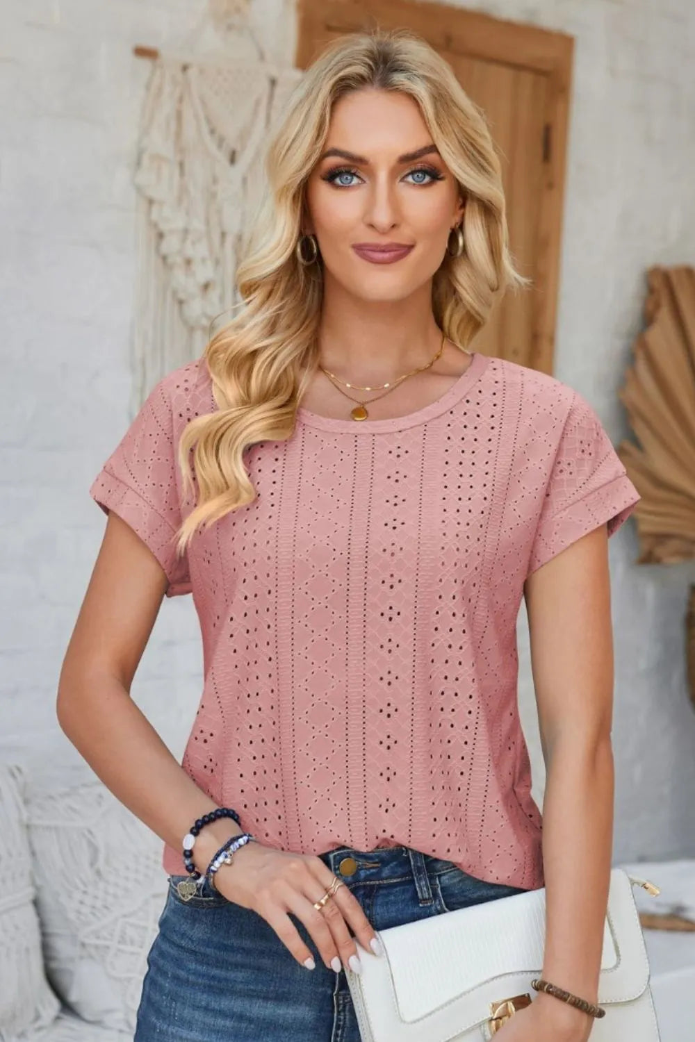 Eyelet Round Neck Rolled Short Sleeve T-Shirt – Trendsi | ClozArt