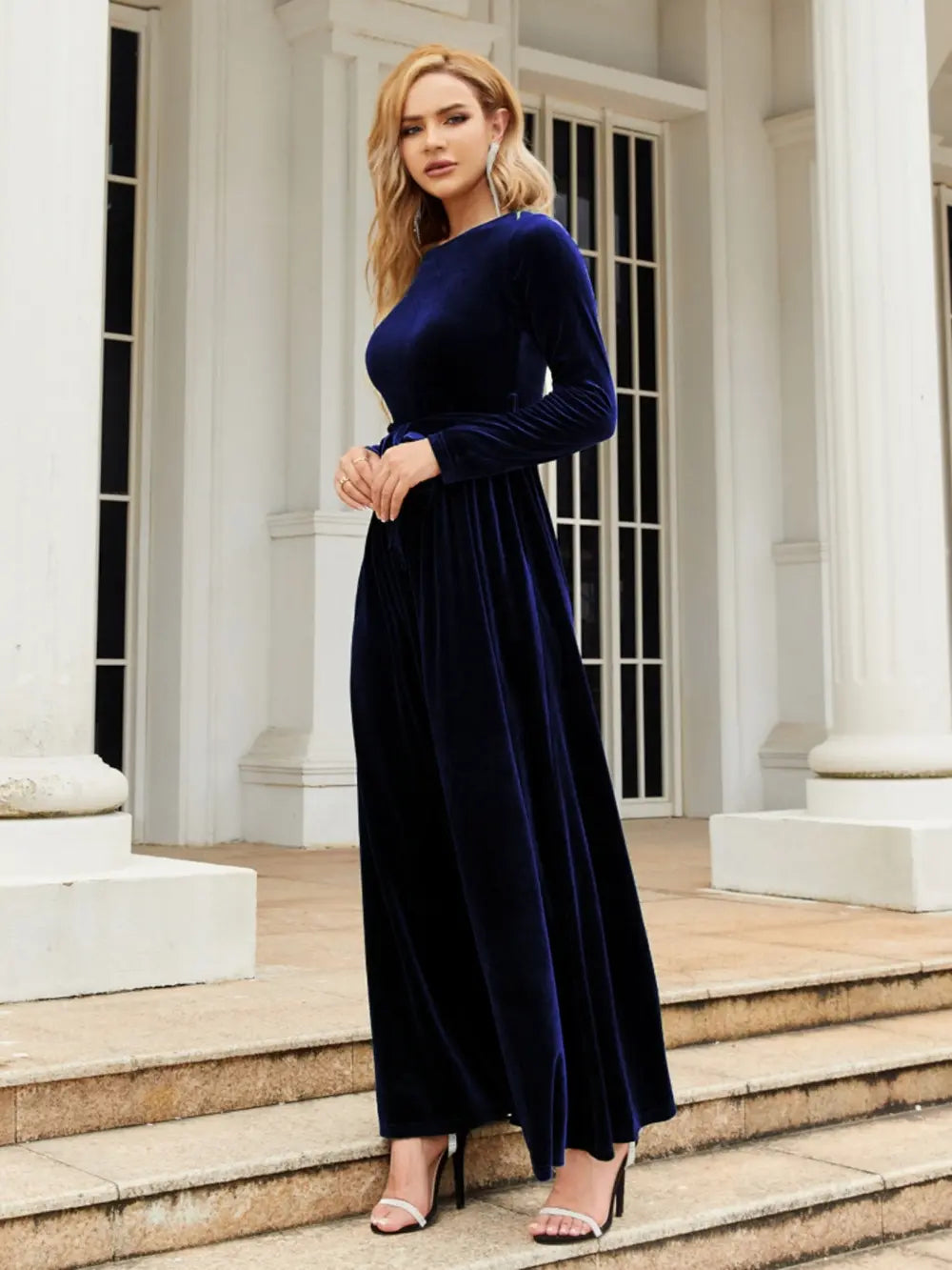 Tie Front Round Neck Long Sleeve Maxi Dress – Trendsi | ClozArt