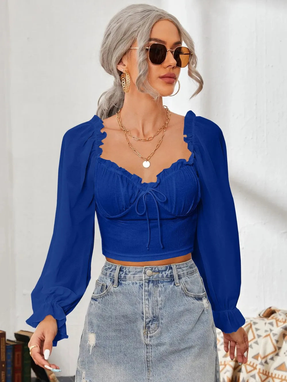 Mesh Sweetheart Neck Flounce Sleeve Top – Trendsi | ClozArt