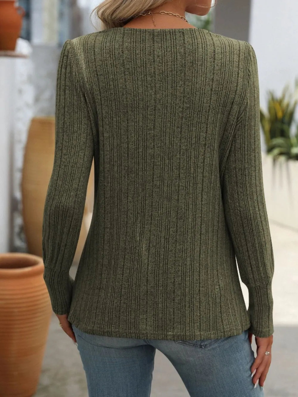 Mandy Decorative Button Striped Square Neck Long Sleeve T-Shirt – Trendsi | ClozArt