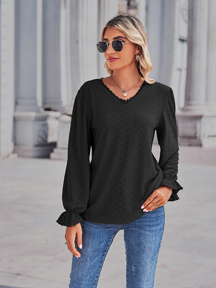 Eyelet V-Neck Flounce Sleeve Blouse – Trendsi | ClozArt