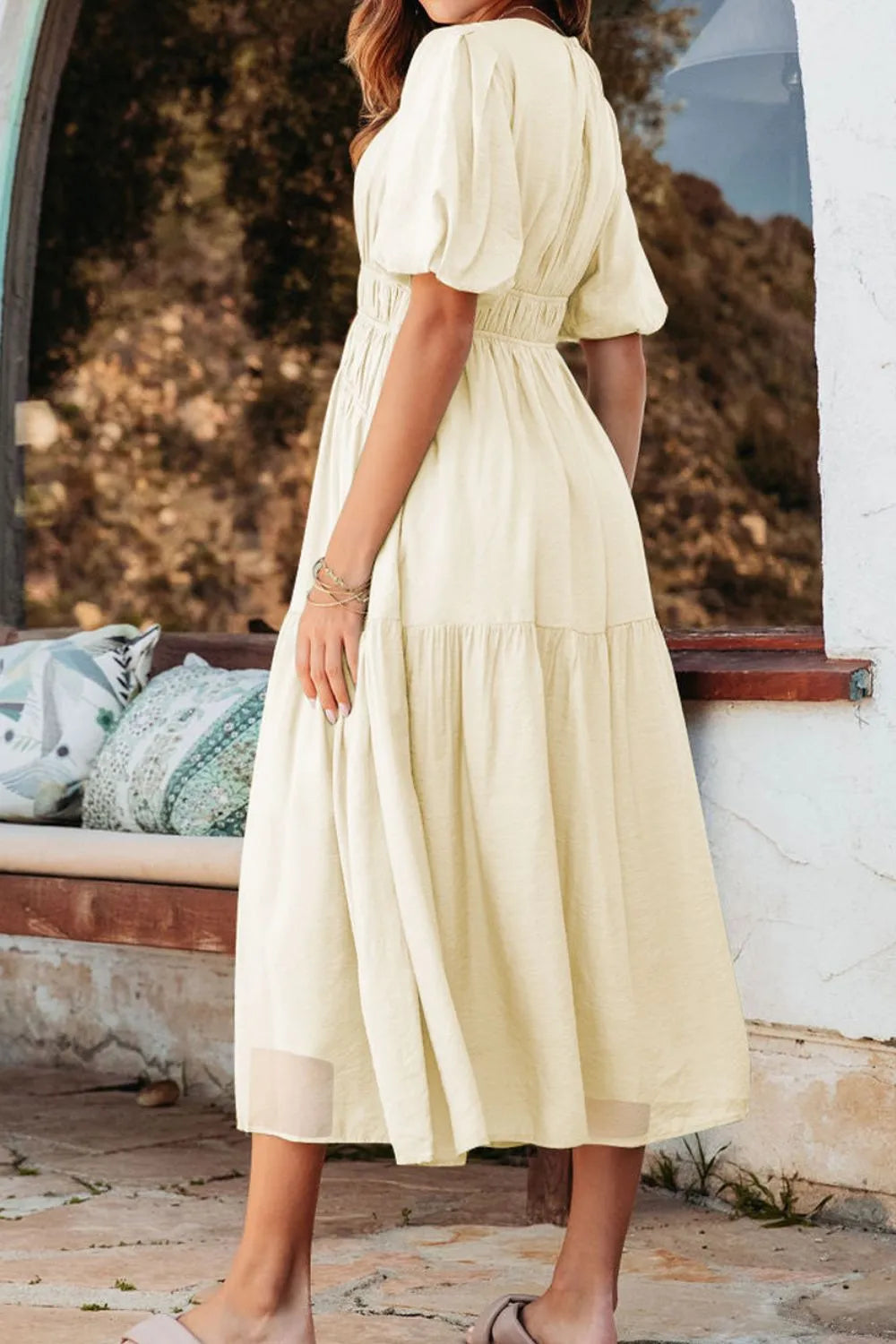 Puff Sleeve Pleated High Waist Flowy Midi Dress – Trendsi | ClozArt