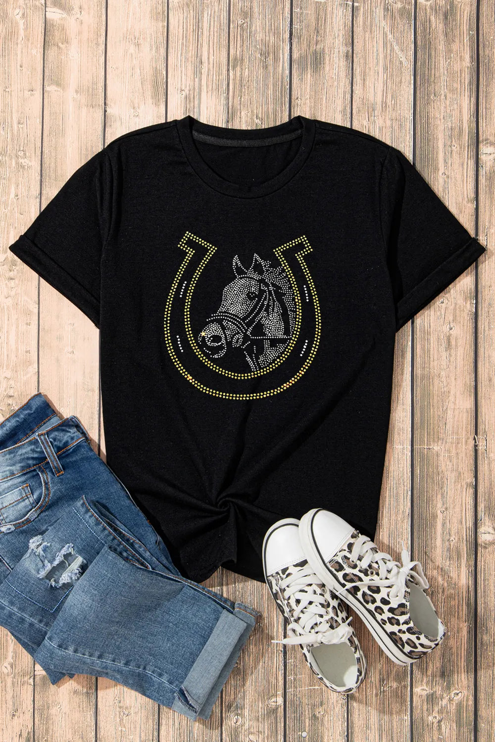 Rhinestone Round Neck Short Sleeve T-Shirt – Trendsi | ClozArt