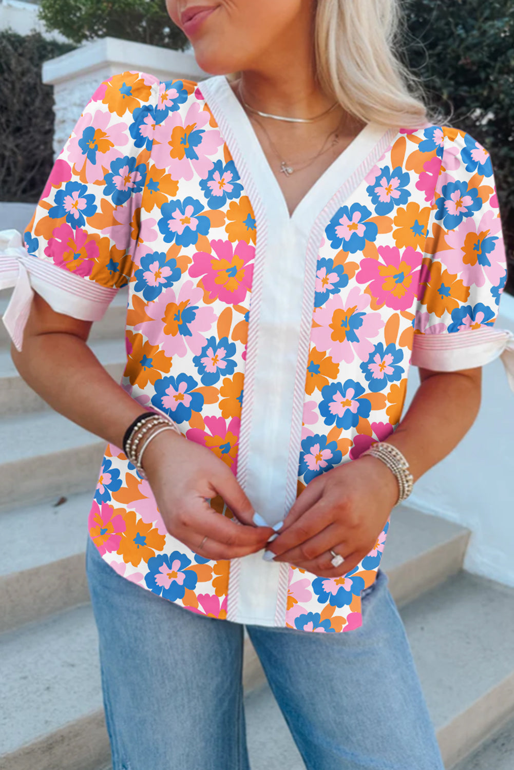 White Floral Colorblock Striped Edge V Neck Knotted Short Sleeve Blouse – Shewin | ClozArt