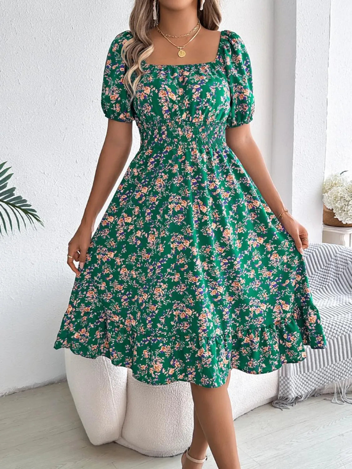 Ruffled Hem Floral Puff Sleeve Dress – Trendsi | ClozArt