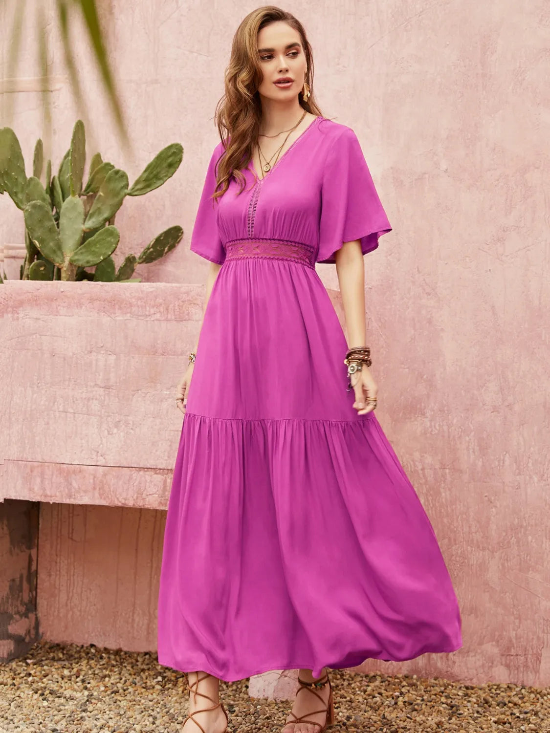 Lace Detail V-Neck Short Sleeve Midi Dress – Trendsi | ClozArt