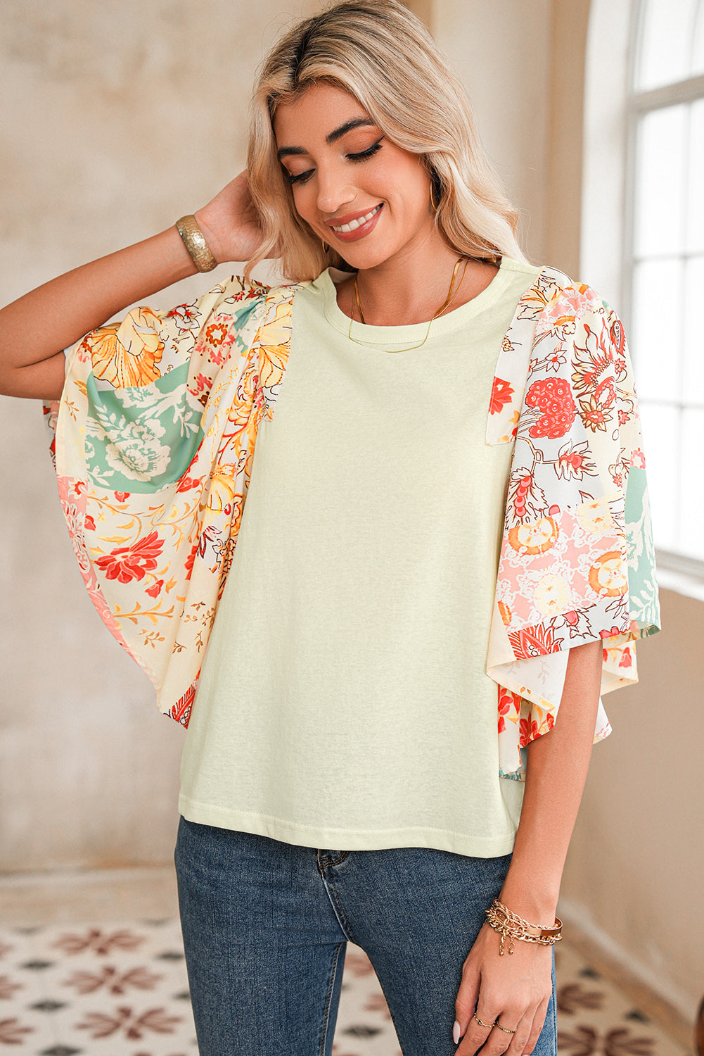 Beige Floral Patchwork Batwing Sleeve Blouse – Shewin | ClozArt