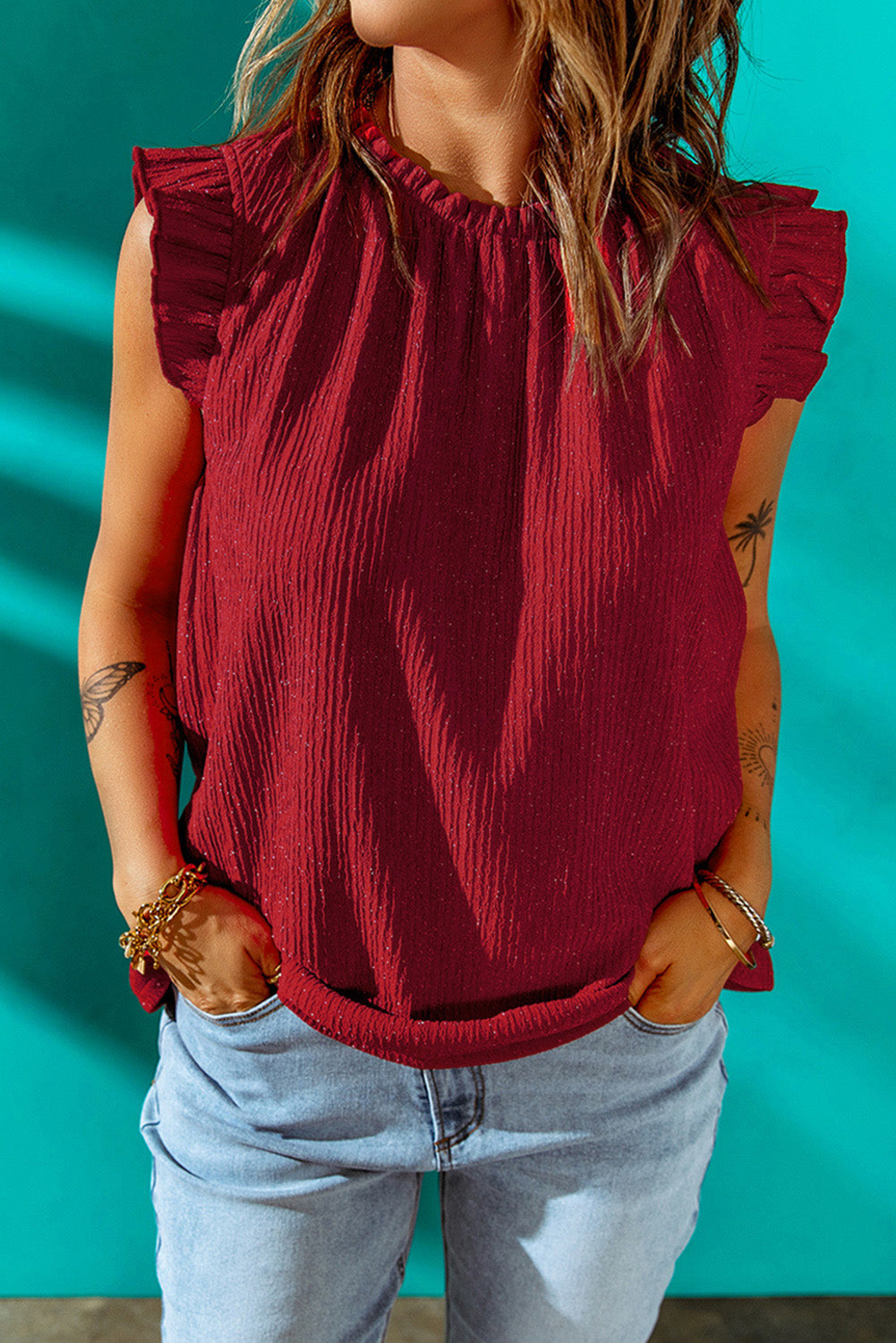 Textured Flutter Sleeve Frill Neck Blouse – Trendsi | ClozArt