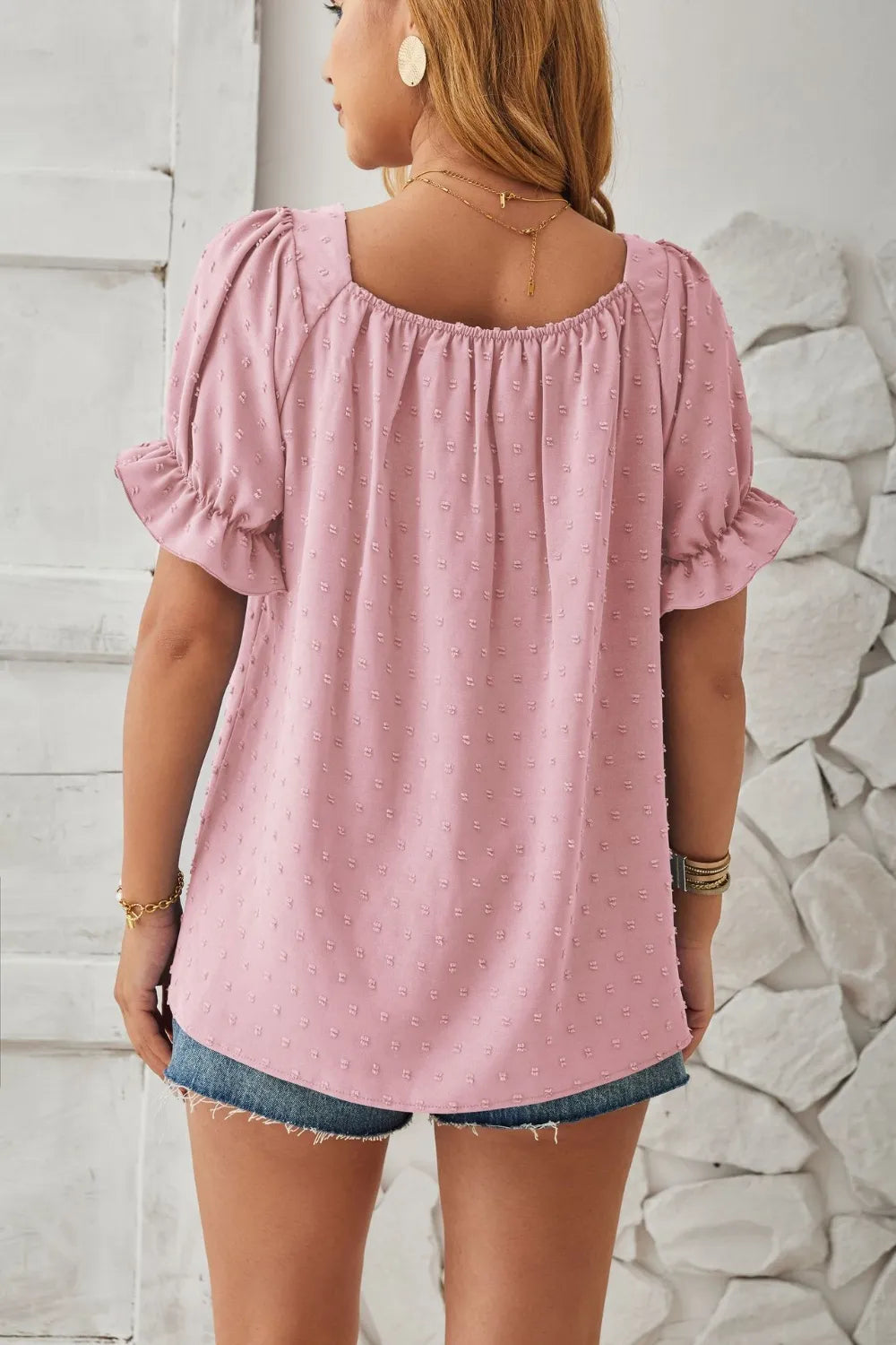 Swiss Dot Smocked Square Neck Short Sleeve T-Shirt – Trendsi | ClozArt