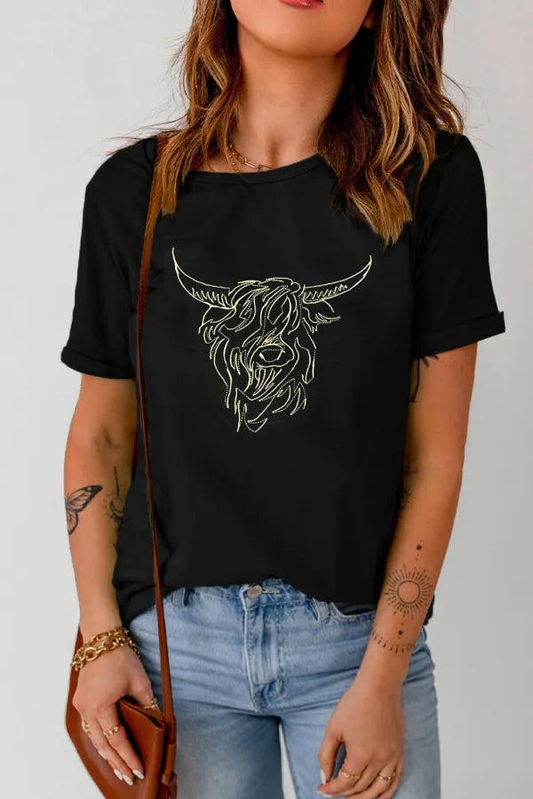 Bull Head Embroidered Round Neck T Shirt – Trendsi | ClozArt