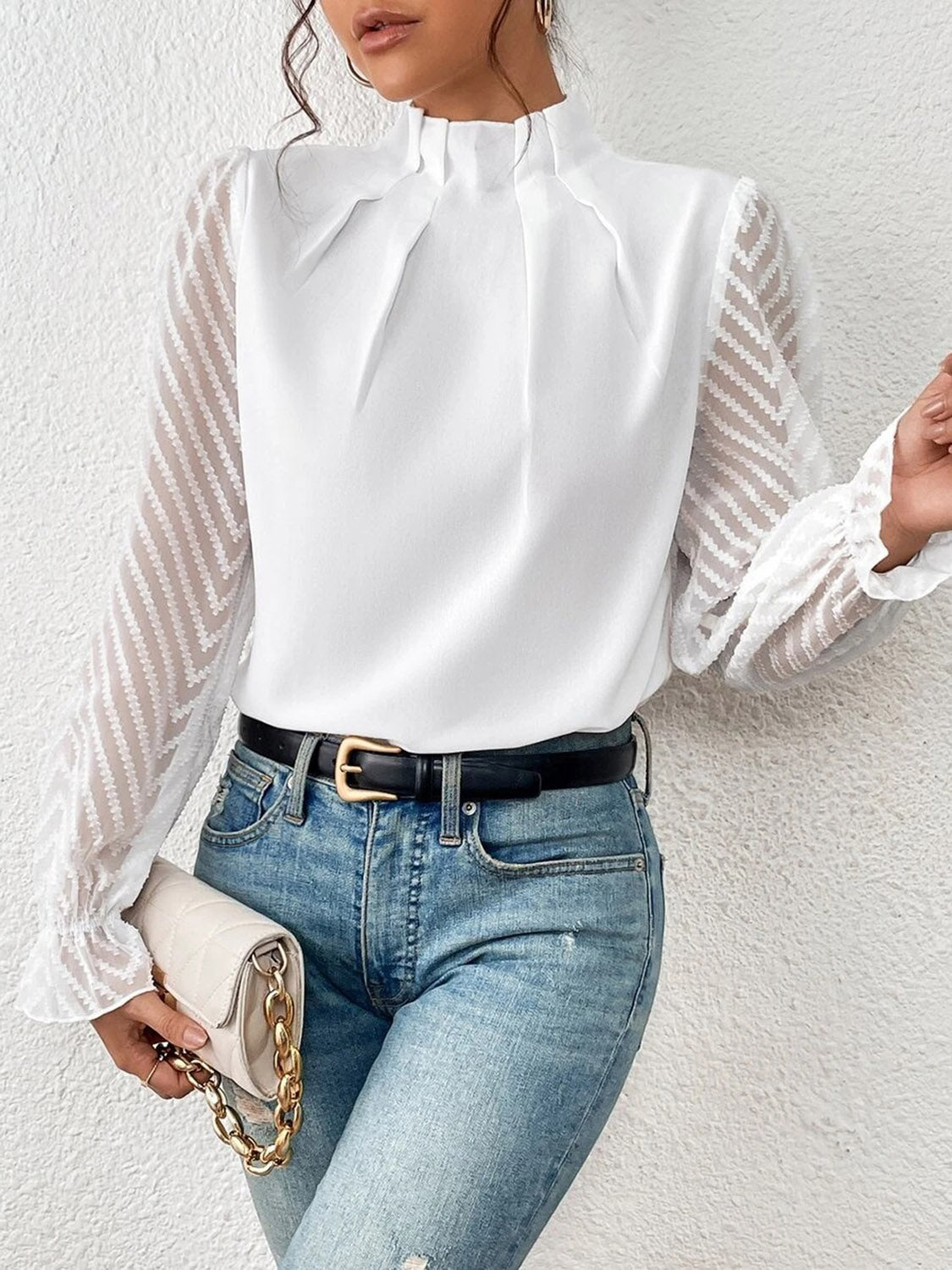 Mock Neck Flounce Sleeve Blouse – Trendsi | ClozArt