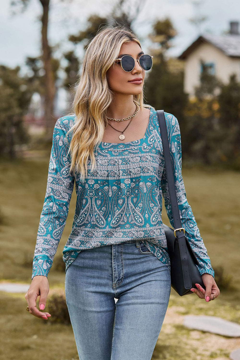 Printed Square Neck Long Sleeve Blouse – Trendsi | ClozArt