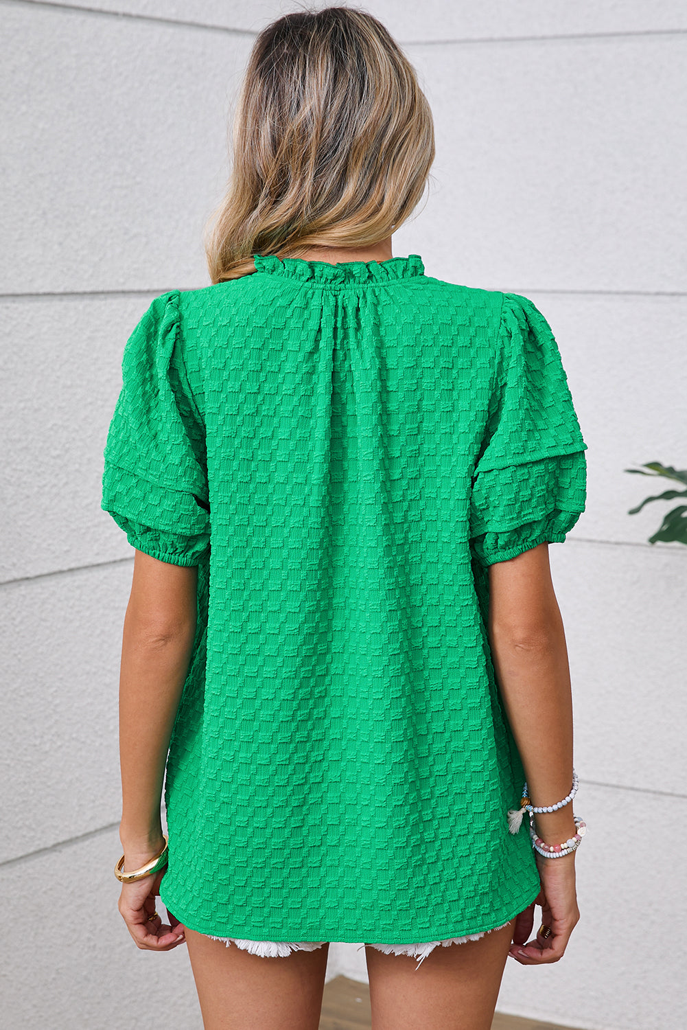 Bright Green Textured Puff Short Sleeve Notched V Neck Top – Shewin | ClozArt