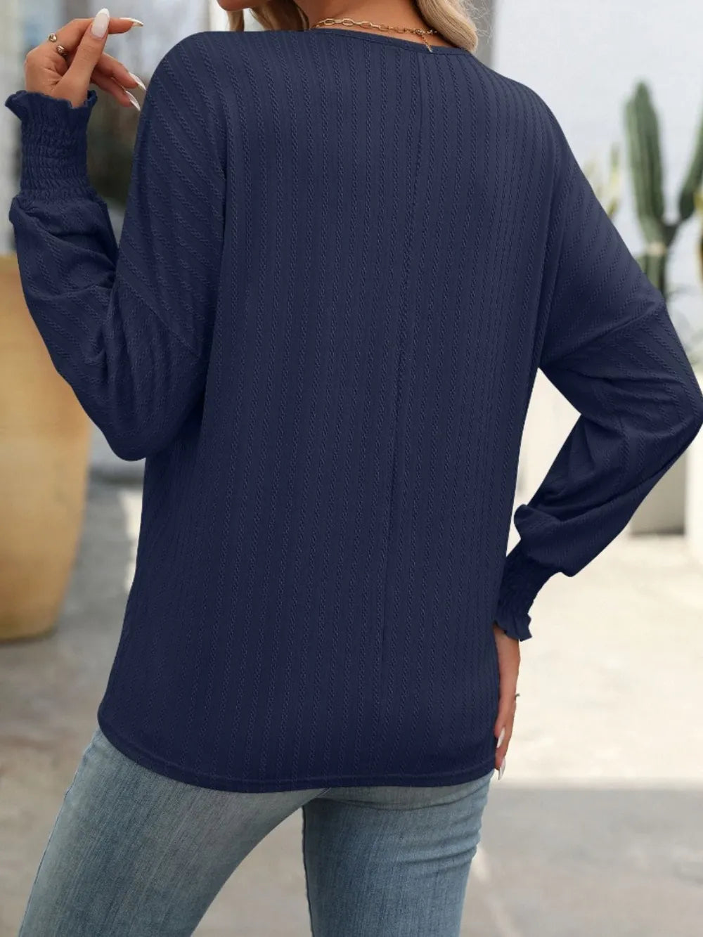 Mandy Textured Notched Lantern Sleeve T-Shirt – Trendsi | ClozArt
