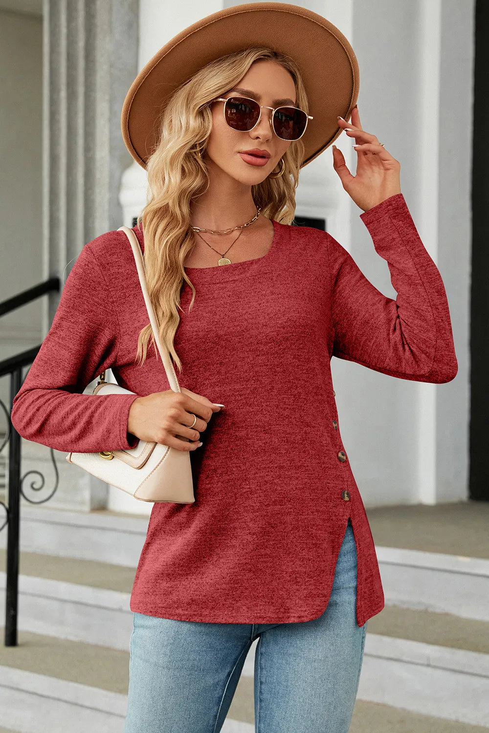 Slit Decorative Button Square Neck T-Shirt – Trendsi | ClozArt