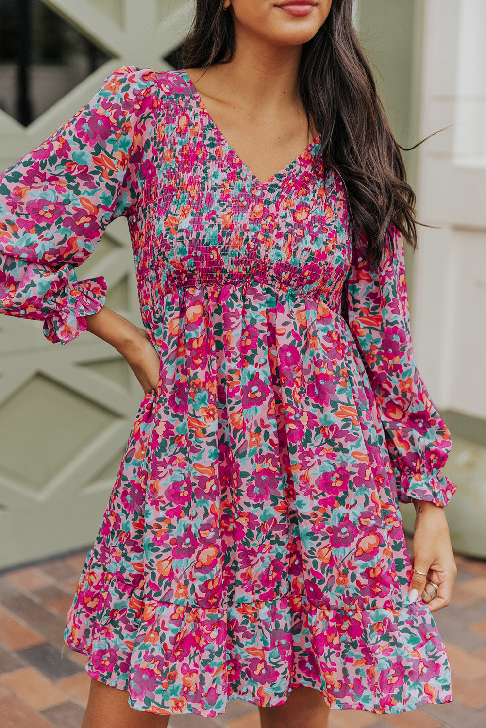 Floral Smocked V-Neck Flounce Sleeve Dress – Trendsi | ClozArt