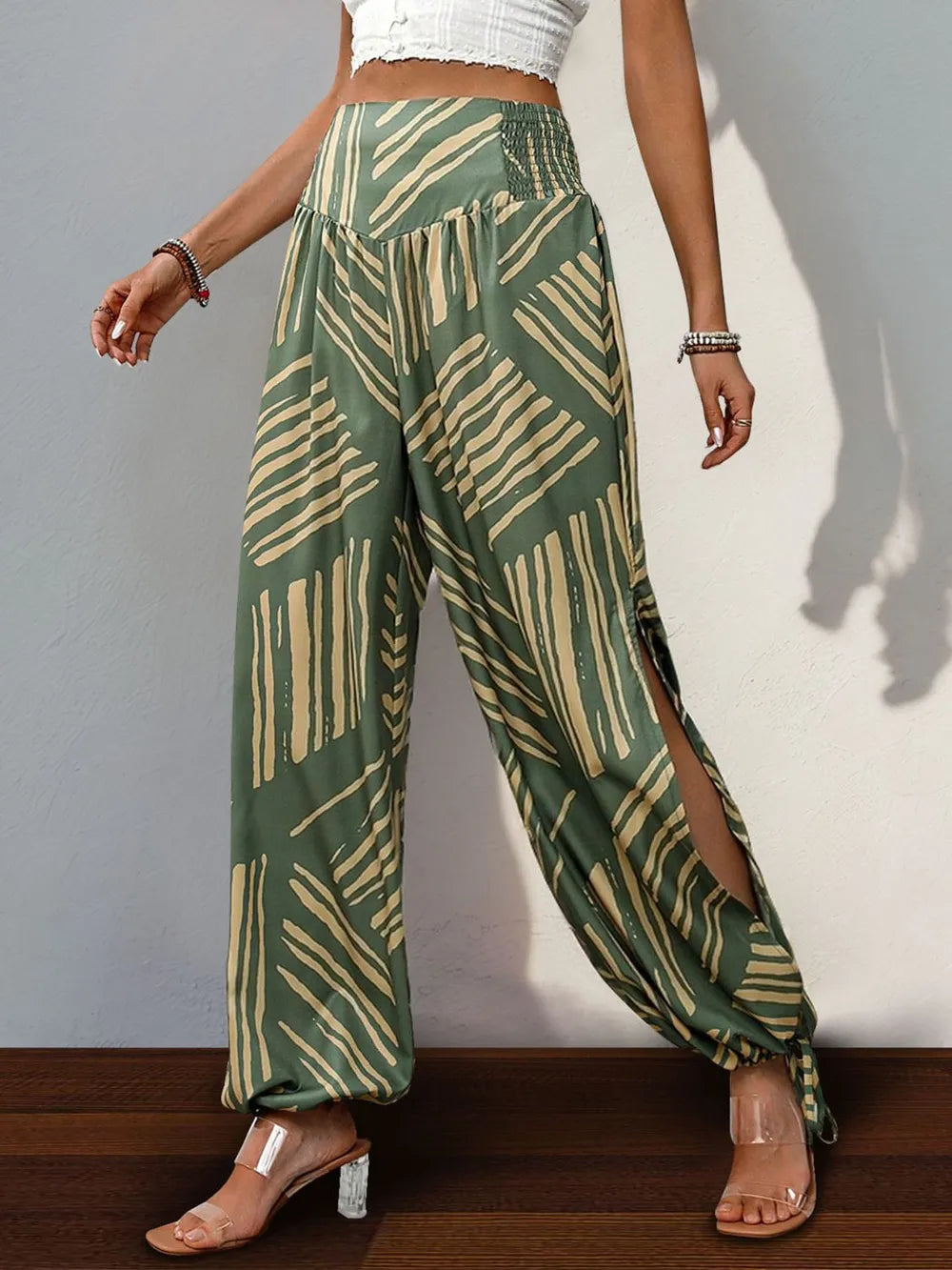 Perfee Smocked Slit Printed High Waist Pants – Trendsi | ClozArt