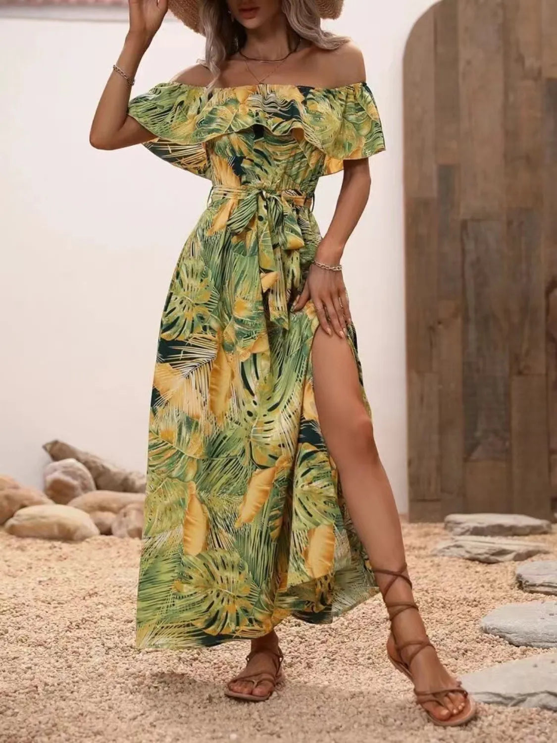 Ruffled Printed Off Shoulder Maxi Dress – Trendsi | ClozArt