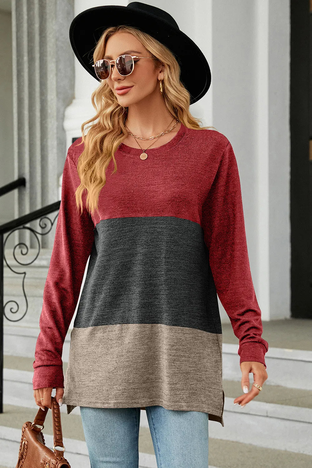 Color Block Round Neck Long Sleeve T-Shirt – Trendsi | ClozArt