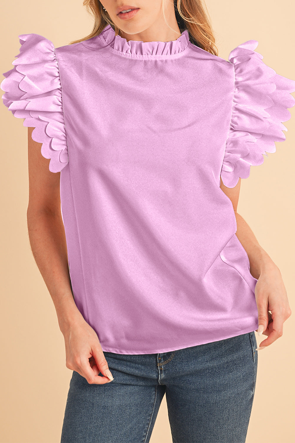 Bright Pink Solid Scalloped Ruffle Sleeve Blouse – Shewin | ClozArt