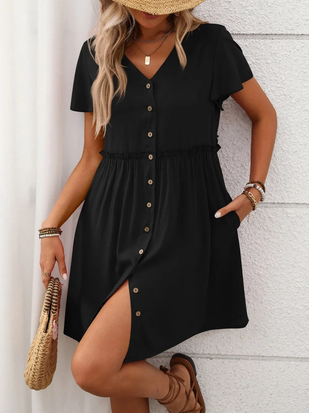 Button Front Flutter Sleeve Dress – Trendsi | ClozArt