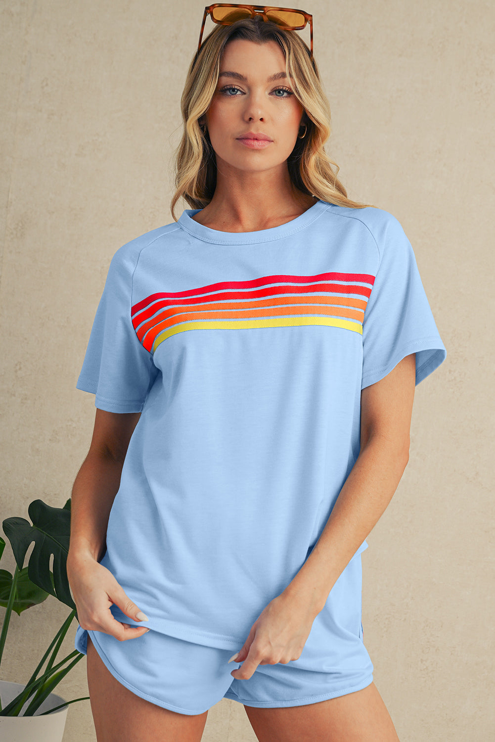 Beau Blue Colorful Striped Casual Tee – Shewin | ClozArt