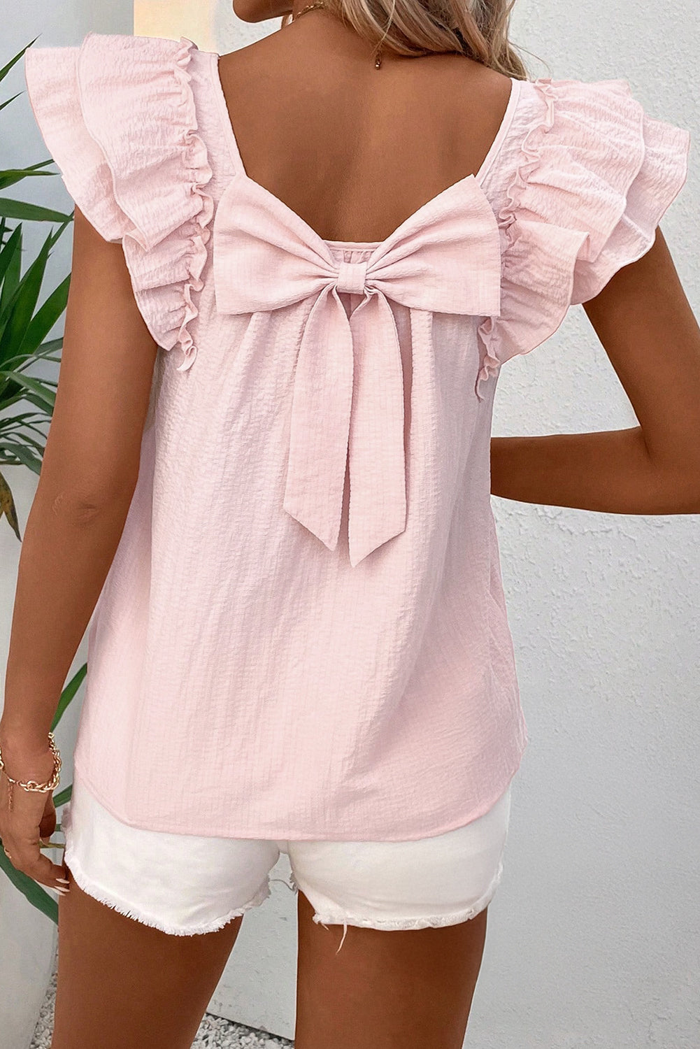 Beige Textured Bow Frilled Ruffle Sleeve Blouse – Shewin | ClozArt