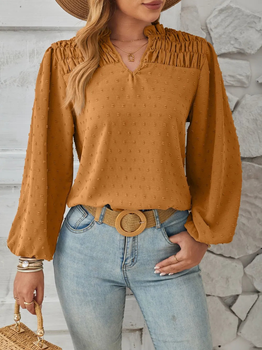 Ruched Swiss Dot Notched Balloon Sleeve T-Shirt – Trendsi | ClozArt