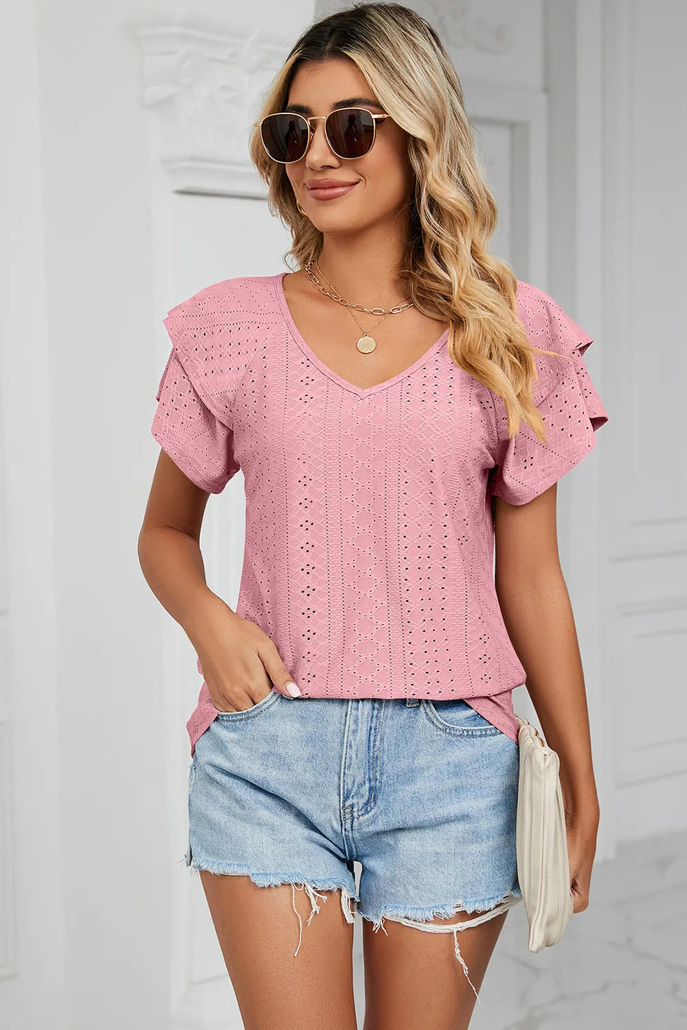 Eyelet V-Neck Short Sleeve T-Shirt – Trendsi | ClozArt