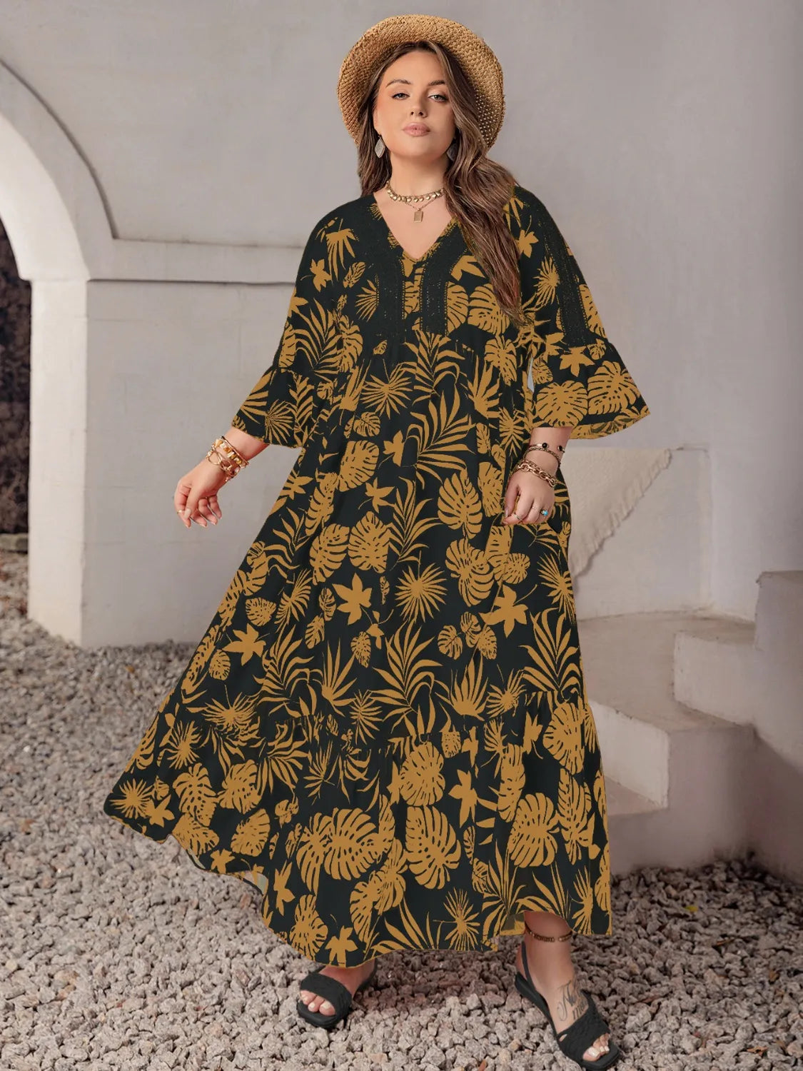 Plus Size Lace Detail Tropical Print Three-Quarter Sleeve Maxi Dress – Trendsi | ClozArt