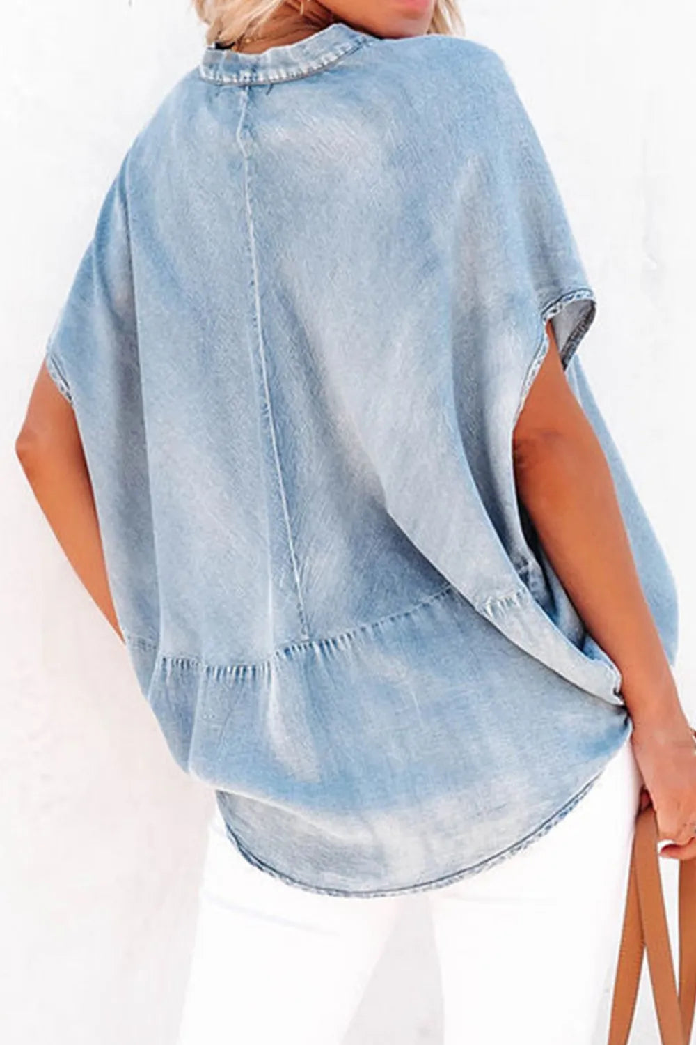 Notched Short Sleeve Denim Top – Trendsi | ClozArt