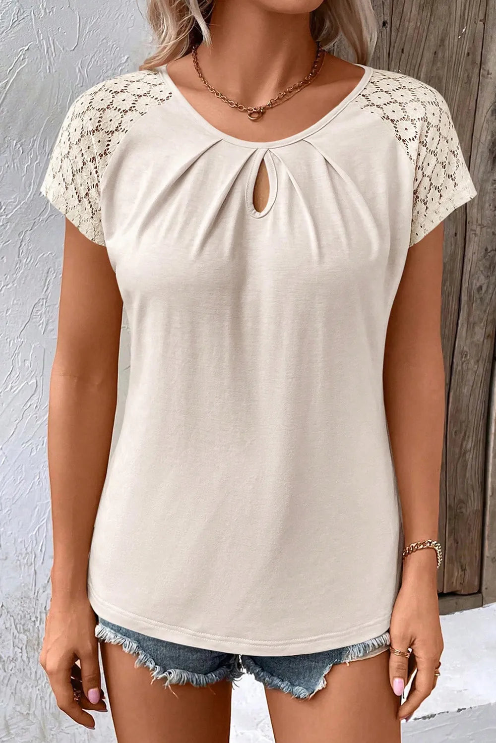 Cutout Round Neck Lace Short Sleeve T-Shirt – Trendsi | ClozArt