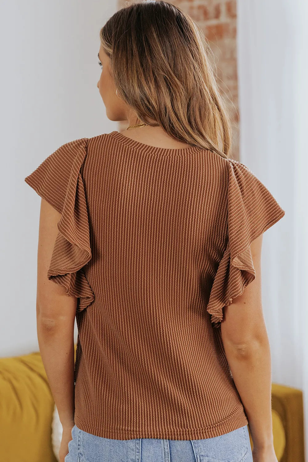 Ribbed Ruffle Trim Round Neck Top – Trendsi | ClozArt