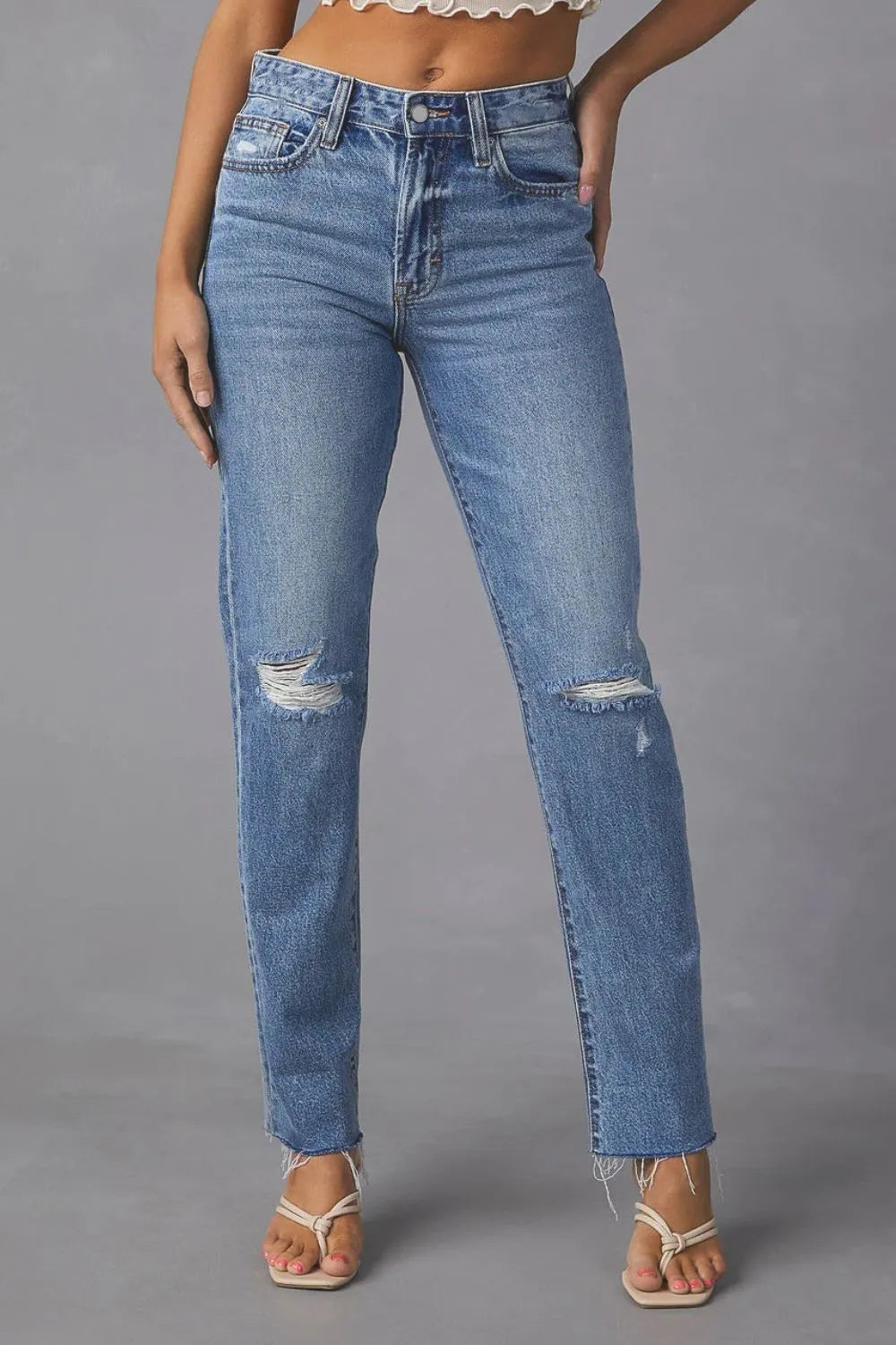 Distressed Raw Hem Straight Jeans with Pockets – Trendsi | ClozArt