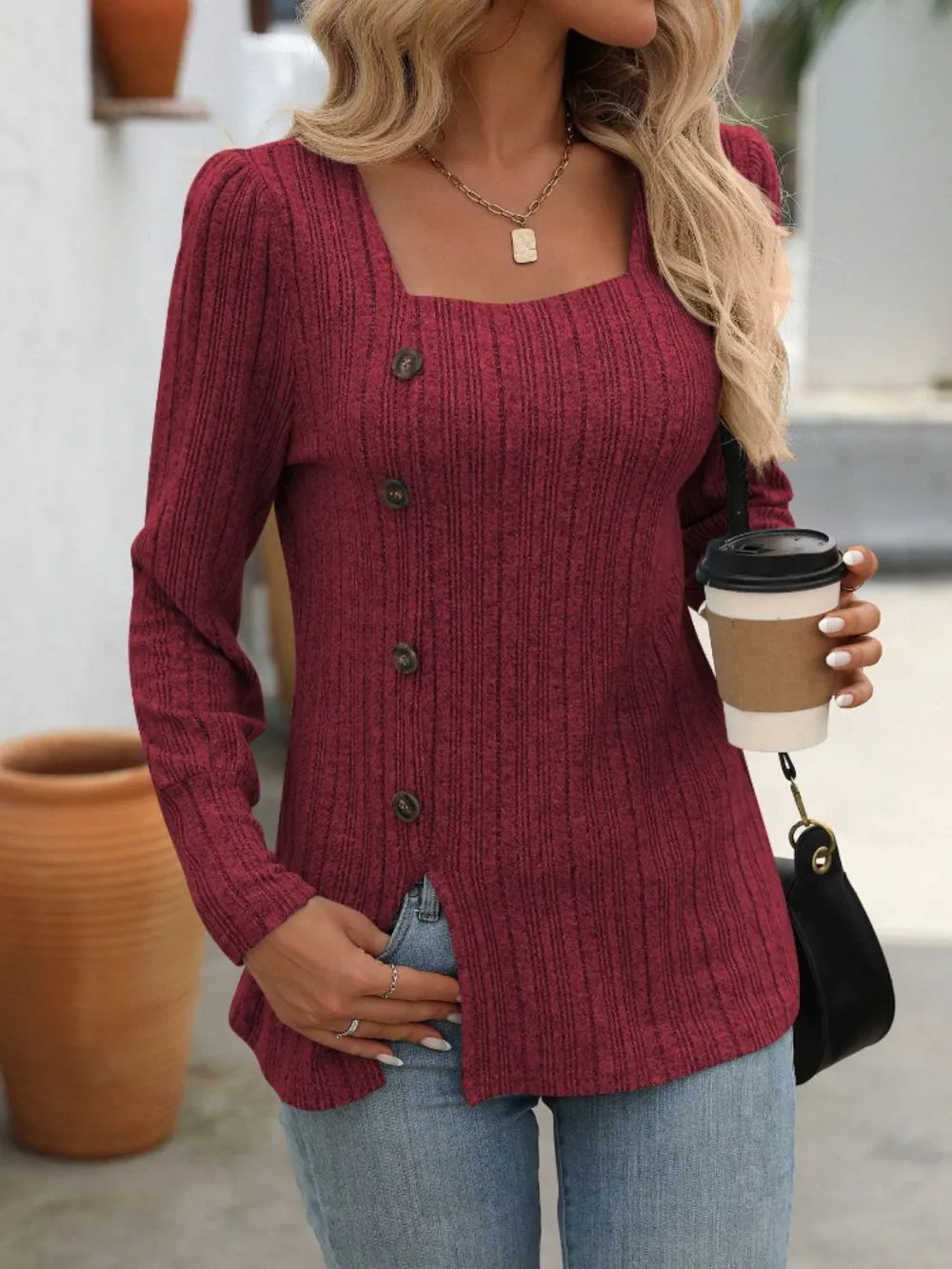 Mandy Decorative Button Striped Square Neck Long Sleeve T-Shirt – Trendsi | ClozArt