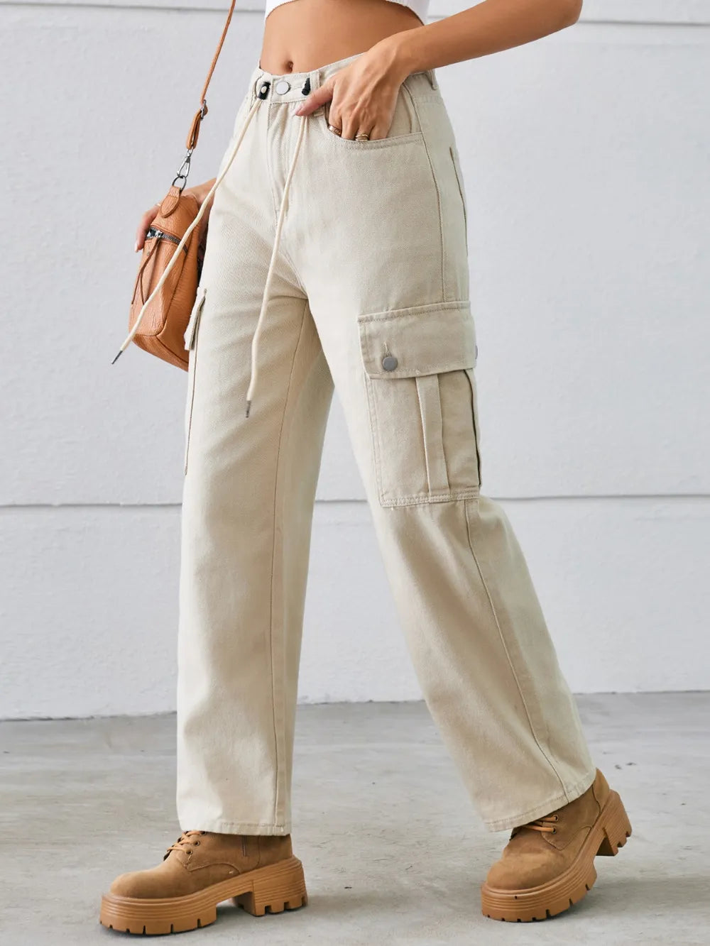 Drawstring Mid-Rise Waist Straight Cargo Jeans – Trendsi | ClozArt