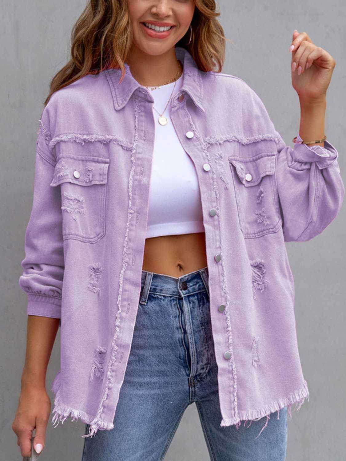 Distressed Drop Shoulder Denim Jacket – Trendsi | ClozArt