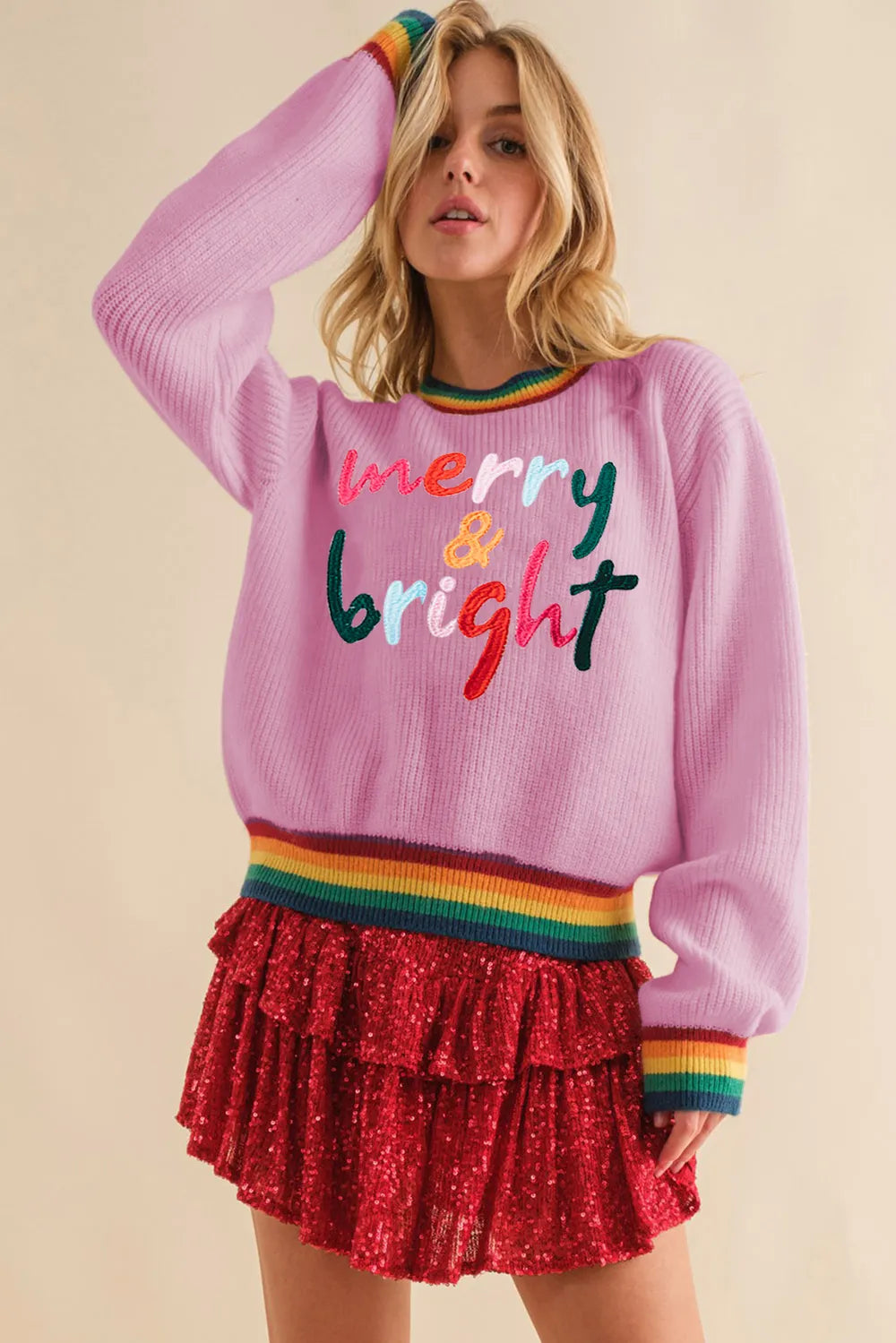 MERRY & BRIGHT Ribbed Round Neck Sweater – Trendsi | ClozArt