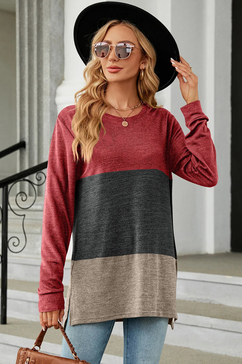 Color Block Round Neck Long Sleeve T-Shirt – Trendsi | ClozArt