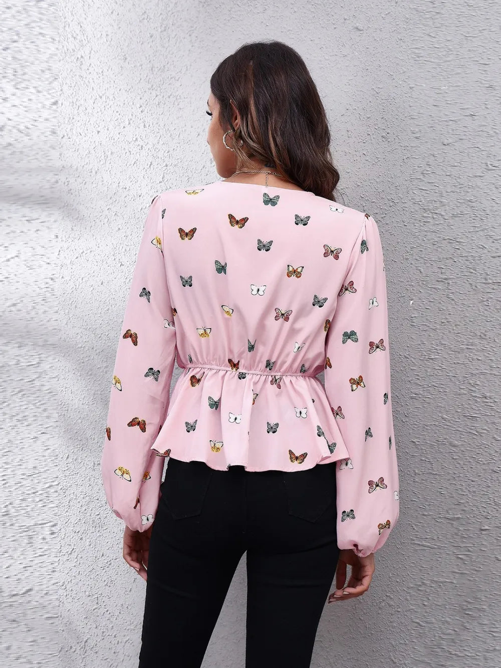 Butterfly V-Neck Balloon Sleeve Peplum Blouse – Trendsi | ClozArt