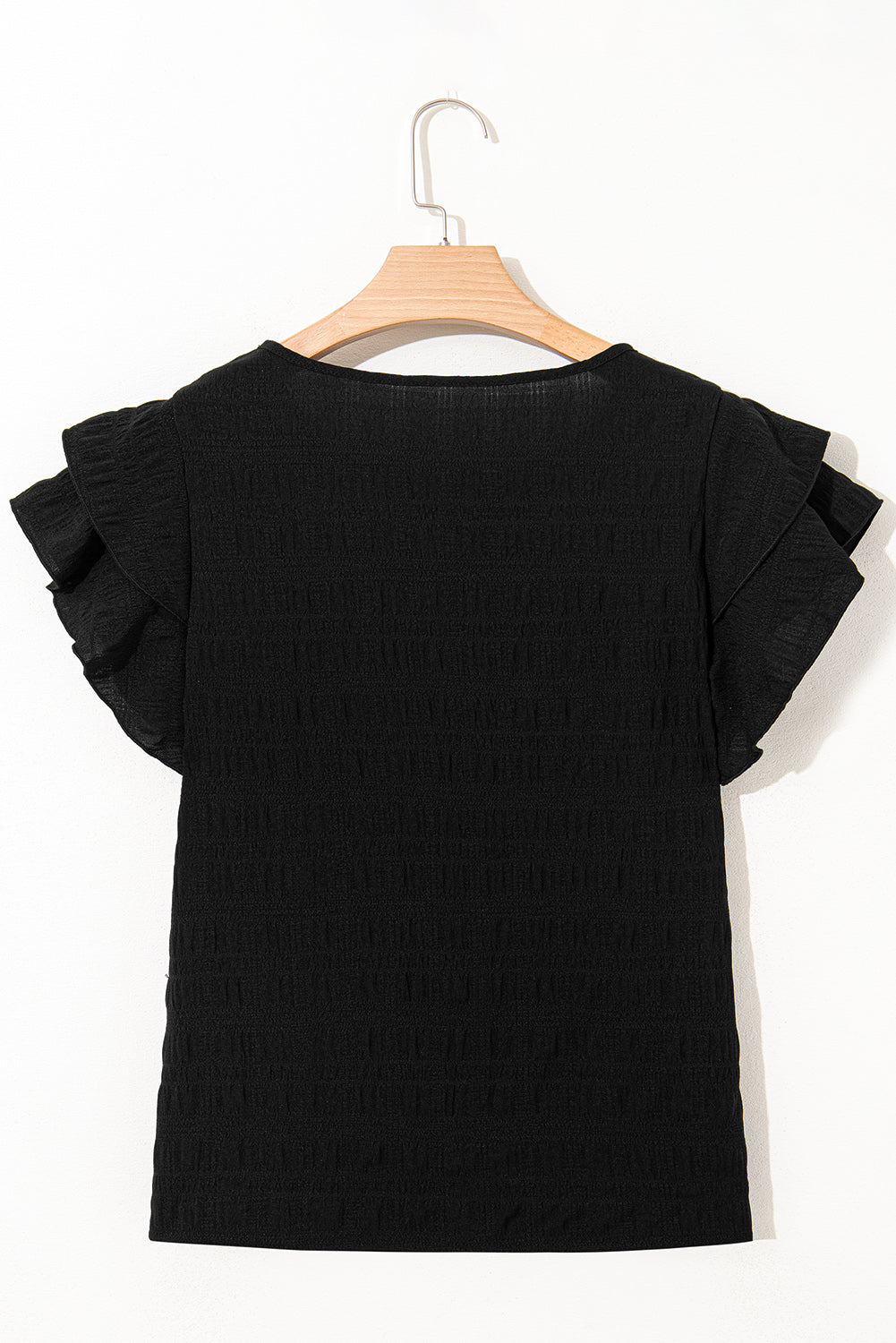 Dark Blue Ruffle Sleeve Textured Smocked Blouse – Shewin | ClozArt