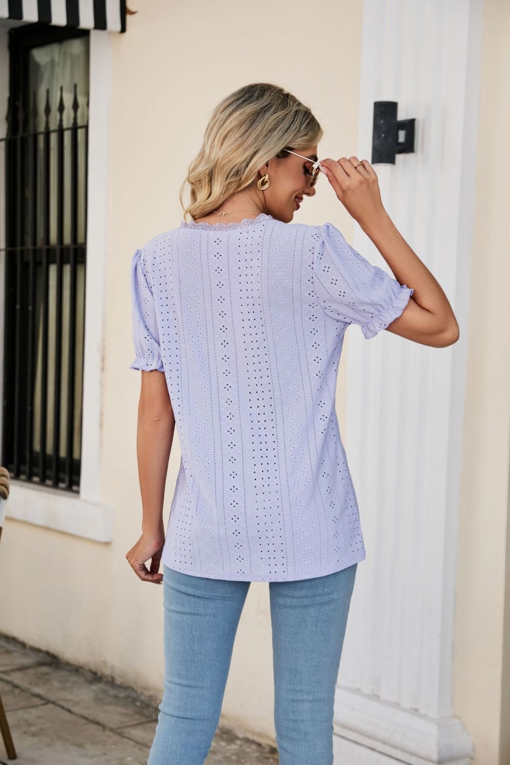 Eyelet Flounce Sleeve Scalloped V-Neck Top – Trendsi | ClozArt
