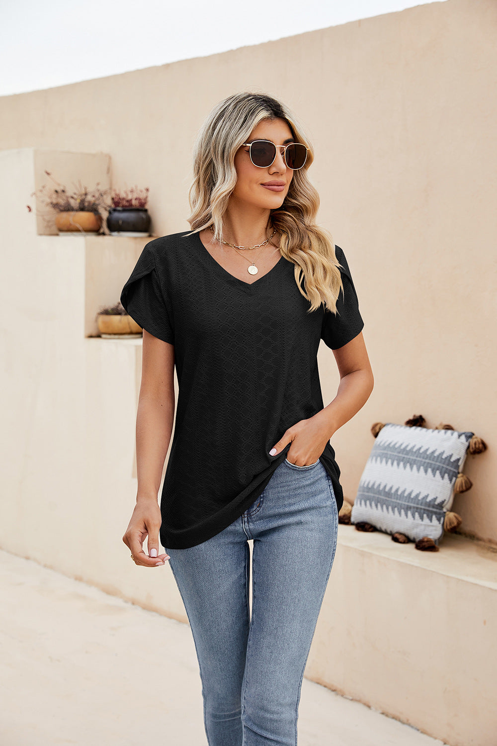 Eyelet Petal Sleeve V-Neck Knit Top – Trendsi | ClozArt