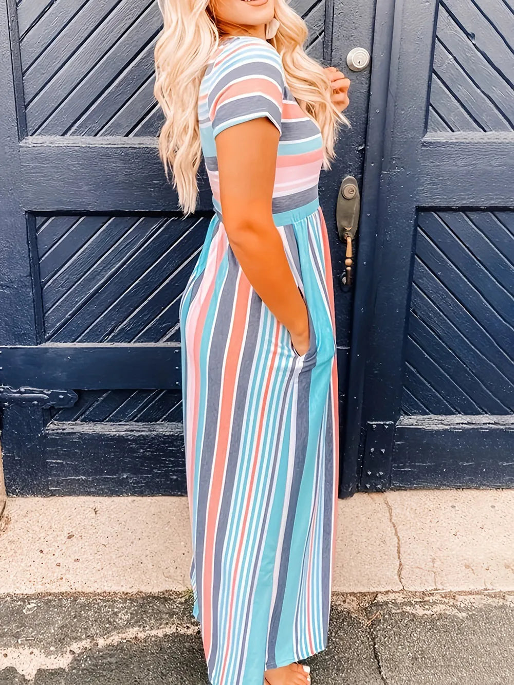 Full Size Striped Round Neck Short Sleeve Dress – Trendsi | ClozArt